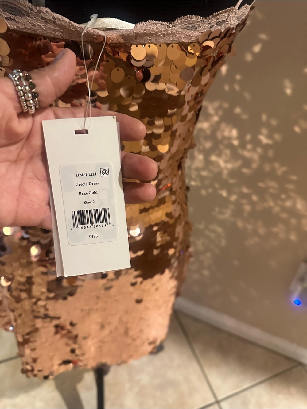 Gold Sequin Slip Dress with Lace Trim - Picture 2 of 5
